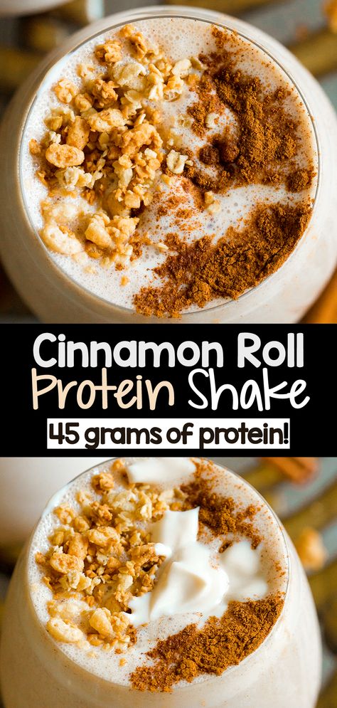 Healthy Cinnamon Roll Protein Shake (45 grams of Protein!) Oatmeal Cookie Protein Shake, What To Put In Protein Shakes, Cinnamon Roll Protein Smoothie, Hot Protein Shake Recipes, Vanilla Banana Protein Shake, Churro Protein Shake, Protein Shake With Oatmeal, Protein Shake Chocolate Powder, Almond Joy Protein Shake