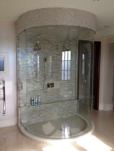 Custom circular shower door. Great bathroom design! | Calgary's House of Mirrors Circular Shower Enclosure, Semi Circle Shower Enclosure, Shower Cabin Glass Design, Artsy House, Frameless Glass Shower Doors, House Of Mirrors, Custom Shelves, Glass Shower Doors Frameless, Bathroom Dimensions