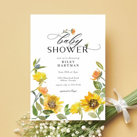 Elegant Yellow Sunflower Sunny Bee Baby Shower Invitation Gender Neutral Invitations, Bee Baby Shower Invitations, Garden Baby Showers, Gender Neutral Baby Shower Invitations, Baby Shower Invitaciones, Bloom Baby, Bee Baby, Fiesta Baby Shower, Bee Baby Shower