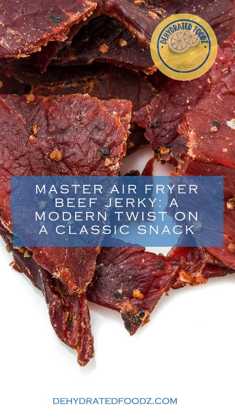 Infuse robust flavors into your homemade beef jerky by using an air fryer! Discover how to select the perfect cut, craft a mouthwatering marinade, and achieve the best texture. This guide takes you from preparation to storage with some creative serving ideas. Begin a savory journey into the art of air frying beef jerky. Embrace this modern twist on a timeless classic snack and reap the benefits: rich flavor, healthful snacking, and cost-effectiveness. #BeefJerky #AirFryer #HomemadeSnacks Dehydrate Meat In Air Fryer, Beef Jerky Air Fryer Recipes, How To Make Beef Jerky In Air Fryer, Beef Jerky Recipe Dehydrator Air Fryer, Bohemian Garlic Beef Jerky Recipe, Making Beef Jerky, Jerky Marinade, Bio Food, Diy Healthy Snacks