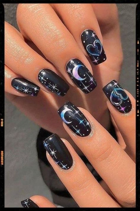 21 Sparkly Star Nail Designs Glitter Moon Nails, Acrylic Nail Designs Spiritual, Black Moon Nails Acrylic, Celestial Nail Art Designs, New Moon Nails, Black Nails With Stars And Moon, Star And Moon Nails Acrylic, Stars And Moon Nails Design, Stary Night Nail Designs