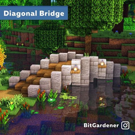 Bee Area Minecraft, Lake Minecraft Ideas, Minecraft Bridge Ideas Cottagecore, Minecraft Walkway Ideas, Minecraft Diagonal Bridge, Minecraft Small Bridge, Animal Crossing Minecraft, Minecraft Garden, Cottagecore Minecraft