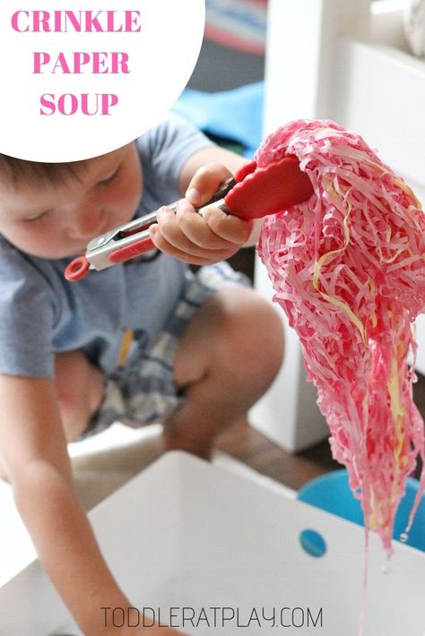 This Crinkle Paper Soup is the perfect sensory invitation to play and create. It’s quick and easy to set-up with no huge list of materials. #soup #crinklepaper #sensoryplay Paper Sensory Bin, Sensory Bin Ideas, Sensory Play Toddlers, Sensory Activities Toddlers, Indoor Kids, Preschool Activities Toddler, Sensory Activity, Toddler Sensory, Invitation To Play