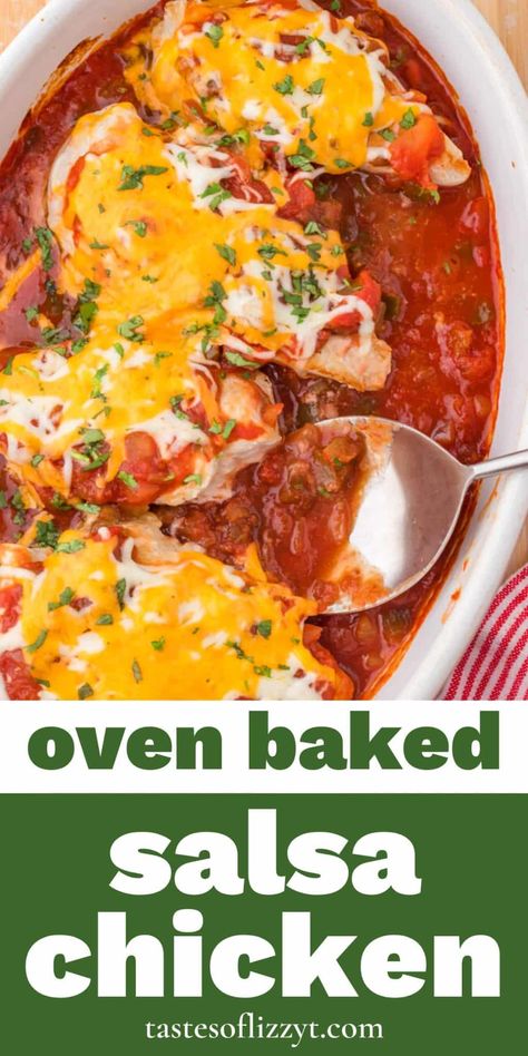 If you are looking for a great tasting weeknight dinner, this Baked Salsa Chicken is it. Salsa, cheese and cilantro make for an easy & delicious meal. Chicken With Salsa And Cheese, Salsa And Chicken Recipes, Oven Baked Salsa Chicken, Chicken Breast Recipes Low Sodium, Salsa Chicken Oven, Chicken Salsa Bake, Chicken And Salsa Recipe, 2 Person Dinner Recipes, 2 Person Dinner