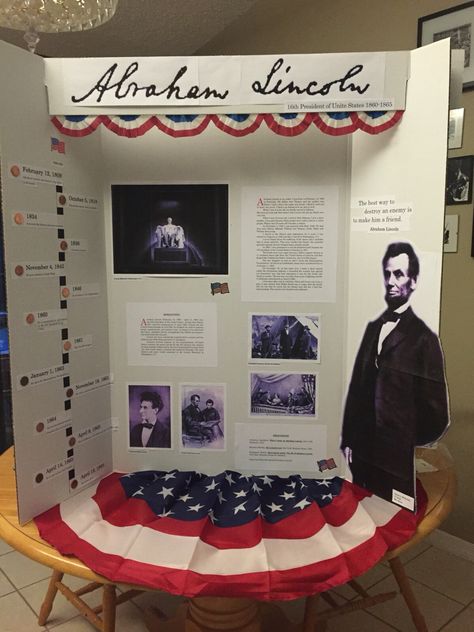 Abraham Lincoln. Wax museum school project. Trifold School Project Ideas, Abraham Lincoln Wax Museum Project, Cool Poster Ideas For School Projects, Abraham Lincoln Poster Board Projects, School Museum Ideas, Living Wax Museum Project Kids, Wax Museum Poster Board Ideas, Poster School Project Ideas, Abraham Lincoln Project