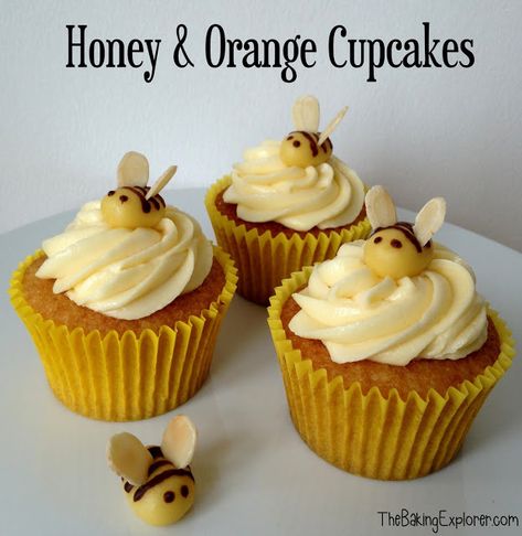 A recipe for some super cute cupcakes flavoured with honey and orange, topped with orange icing and bees made from marzipan, flaked almonds & chocolate Honey Cupcakes, Sponge Recipe, Bee Cupcakes, Orange Icing, Yellow Cupcakes, Orange Cupcakes, New Oven, Animal Cupcakes, Cupcake Tins