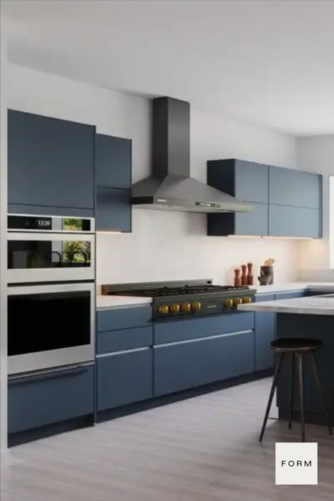 Navy Walnut Kitchen, Navy And Timber Kitchen, Luxury Kitchen Design Modern Interiors, Navy Handleless Kitchen, Navy Blue Kitchen Cabinets Stainless Steel, Blue Kitchen Furniture, Luxury Kitchen Design Modern, Navy Range Cooker, Blue Kitchen Designs