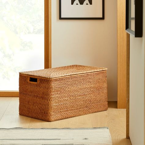 Modern Weave Rattan Storage Bins Collection - Natural | West Elm Weave Basket, Basket Collection, Lidded Baskets, Stylish Curtains, Woven Baskets Storage, Lid Storage, Basket Design, Woven Rattan, Room Planning