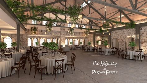 An interior rendering of the new Refinery at Perona Farms. Opening in 2021. Perona Farms Wedding Refinery, Perona Farms Wedding, Industrial Modern Wedding, Tangled Wedding, Perona Farms, The Refinery, Farm Wedding Photos, Industrial Chic Wedding, Wedding Photography Checklist