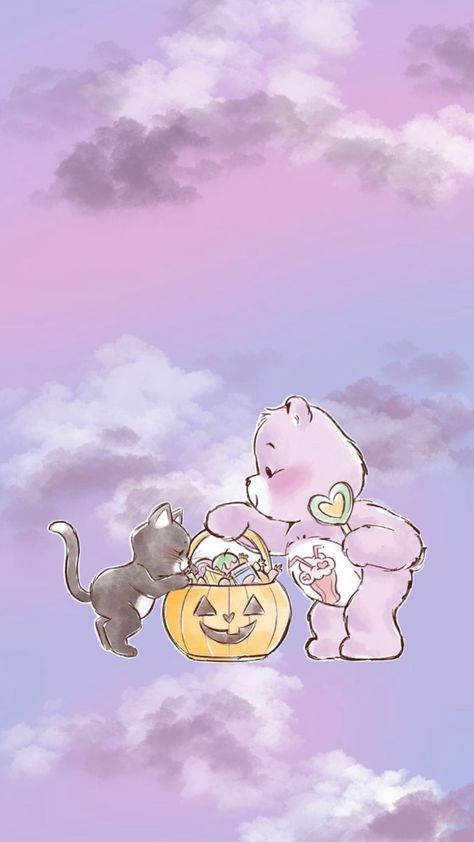 very light colored lilac clouds on a purple background with purple care bear sticker with a halloween basket & black cat on top Care Bear Wallpaper, Care Bears Wallpaper, Lavender Care, Bears Wallpaper, Bear Wallpaper, Care Bear, Care Bears, Disney Wallpaper, Bears