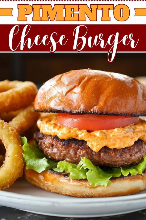 This drool-worthy pimento cheese burger is juicy, meaty, and just a little spicy. And when you add those crisp veggies on top? Pure burger perfection! Pimento Cheeseburger, Pimento Cheese Burger, Homemade Pimento Cheese, Pimento Cheese Spread, Cheese Burgers, Bison Burgers, Griddle Recipes, Burger Toppings, Cheese Burger