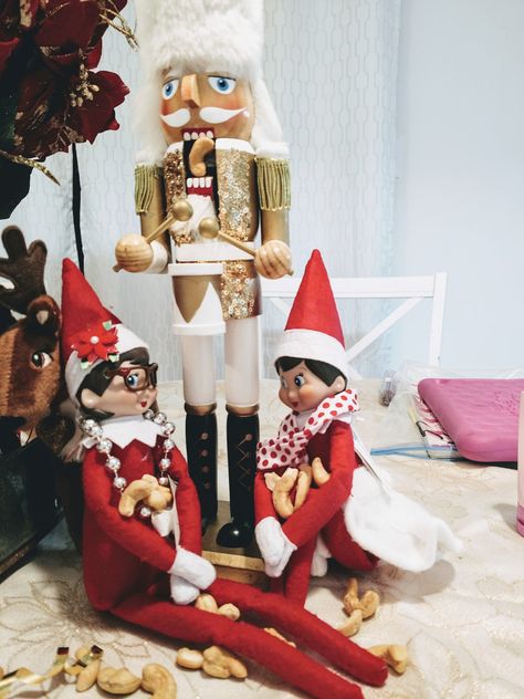 Elf on the shelf- elves feed nutcracker Elf On The Shelf With Nutcracker, Elf On The Shelf Ideas Nutcracker, Elf Nutcracker Ideas, Elf On The Shelf Nutcracker, Elf Nutcracker, Awesome Elf On The Shelf Ideas, Elf Ideas, Nutcracker Ballet, Shelf Ideas