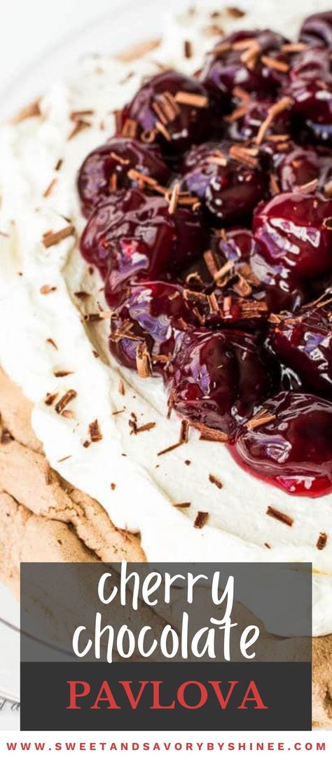 Aerial view of a Cherry Chocolate Pavlova Cherry Pavlova, Summertime Desserts, Meringue Dessert, Mini Pavlovas, Chocolate Pavlova, Pavlova Cake, Meringue Desserts, Canning Cherry Pie Filling, Jello Shot