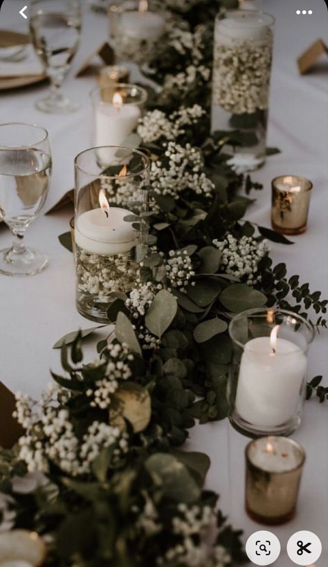 Eucalyptus Runner Wedding, Wedding Eucalyptus Centerpieces, Babies Breath And Eucalyptus Centerpiece, Table Reception Design, Greenery Reception Decor, Wedding Foliage Decor, Woodsy Wedding Table Decor, Greenery Ceremony Decor, Eucalyptus Centerpiece Long Table