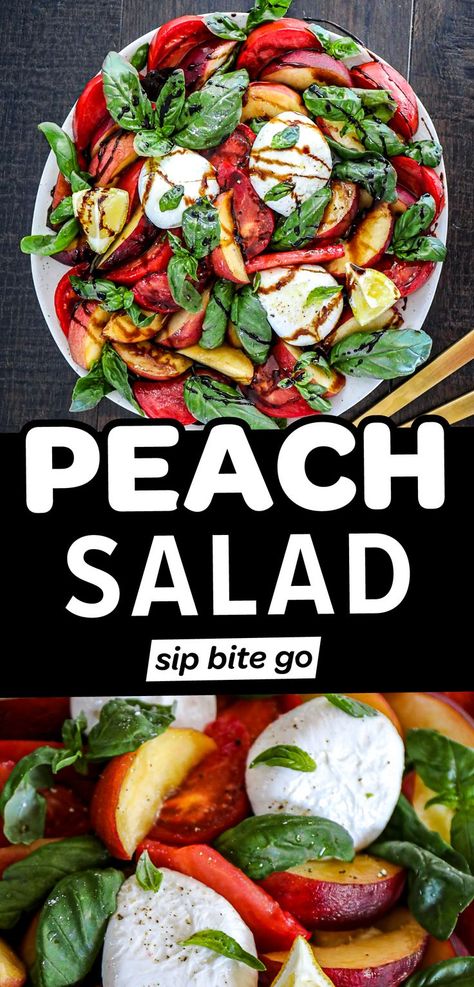 peach salad Peach Salad Recipe, Peach Caprese Salad, Balsamic Vinegar Glaze, Peach Salad Recipes, Strawberry Feta Salad, Salad With Burrata, Peach Caprese, Fresh Peach Recipes, Feta Salad Recipe