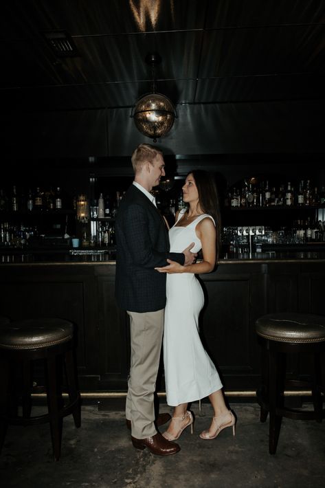 MGM Moments | Modern Bar Engagement | Engagement Ideas | Timeless Luxury | Editorial Style Engagement Photo Shoot Vibes, Dive Bar Engagement Pictures, Fancy Bar Engagement Photos, Engagement Bar Photos, Date Night Engagement Shoot, Cocktail Bar Engagement Photos, Speakeasy Engagement Photos, Editorial Engagement Shoot, Bar Engagement Shoot