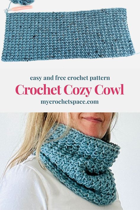 Misty Crochet Neck Warmer - Free Pattern Granny Square Patterns, Knit Cowl Pattern Free, Crochet Scarf Easy, Crochet Cowl Free Pattern, One Skein Crochet, Crochet Neck Warmer, Neck Warmers, Crochet Cowl Pattern, Crochet Scarf Pattern Free