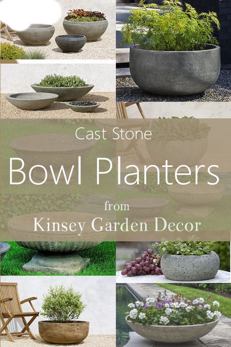 Tribeca Planter Low Modern Bowl Cast Stone | Kinsey Garden Decor Low Bowl Planter Ideas, Bowl Planter Ideas, Large Bowl Planters, Bonsai Succulents, Extra Large Planters, Stone Planter, Large Outdoor Planters, Bowl Planter, Modern Bowl