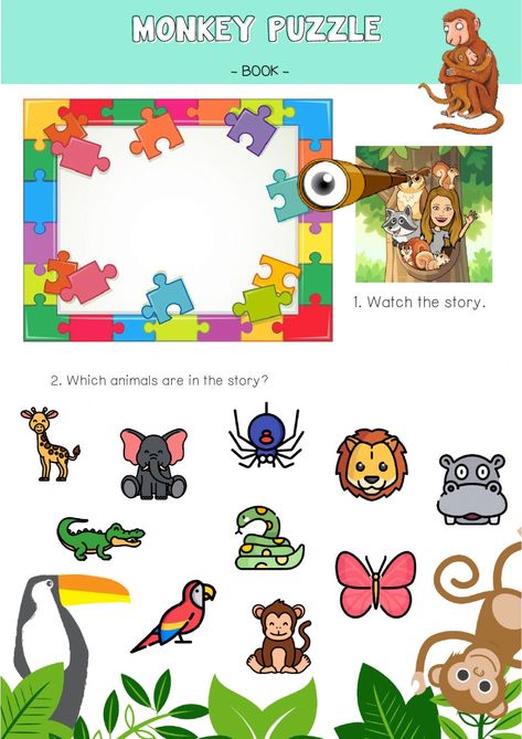 Monkey Puzzle Book, Animal Riddles, Monkey Puzzle, Puzzle Worksheet, Book Craft, Preschool Craft, Online Puzzles, Pet Monkey, Animal Activities