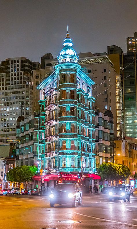 The Sentinel Building, designed by Salfield and Kohlberg, is a flatiron building clad in white tile and copper. Construction was begun before the 1906 Earthquake and Fire. The framing survived the disaster, and the building was completed in 1907. The top floor housed the real estate brokerage of Political boss Abe Ruef after his release from San Quentin State Prison on charges of graft. Crazy Buildings, San Quentin State Prison, San Quentin, Flatiron Building, Top Floor, Flat Iron, Real Estate Brokerage, Columbus, Google Images