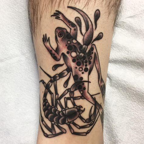 Scorpion and the Frog Scorpion Frog Tattoo, Scorpion And The Frog Tattoo, Frog And Scorpion Tattoo, Scorpion And Frog Tattoo, Weevil Tattoo, Scorpion And The Frog, Leg Tats, Tattoo 2023, Frog Tattoo