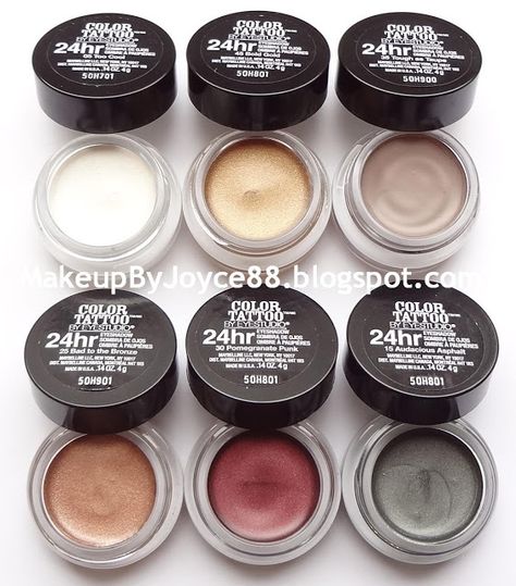 ! **❤ MakeupByJoyce ❤** !: Review + Swatches: Maybelline Color Tattoo 24HR Cream Gel Eyeshadow Best Cream Eyeshadow, Natural Eyeshadow Looks, Maybelline Cosmetics, Cream Tattoo, Gel Eyeshadow, Maybelline Color Tattoo, Tattoo Cream, Natural Eyeshadow, Makeup Stuff