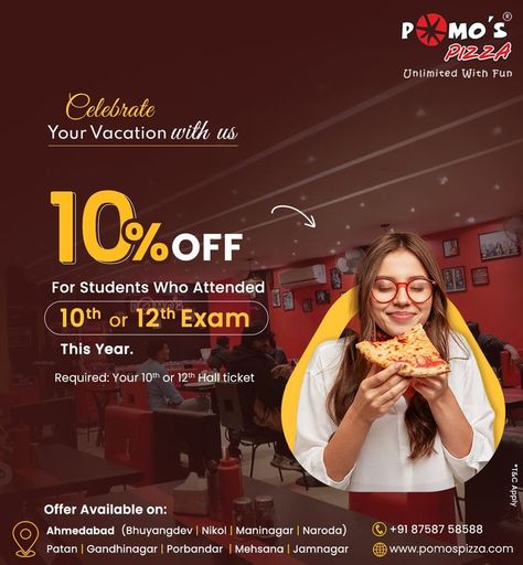 Celebrate your vacation with us. 10% off for students who attended 10th or 12th exam this year. Require details: your 10th or 12th hall ticket #pizza #lunch #dinner #discount #unlimitedfood #offer #specialoffer #luckylunch #restaurant #pizzatime #food #unlimitedpizza #pomospizza Restaurant Discount Poster, Student Discount Poster, Pizza Lunch, 12th Exam, School Dinners, Food Discount, Restaurant Poster, Engagement Posts, Discount Design