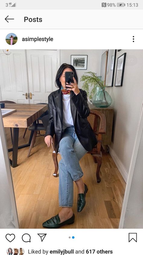 Leather Shirt And Jeans Outfit, Blue Leather Blazer Outfit, Black Moccasins Outfit, Leather Blazer Outfit Winter, Jeans And Jumper Outfit, Monochromatic Wardrobe, Black Leather Blazer Outfit, Brown Jacket Outfit, Pale Blue Jeans