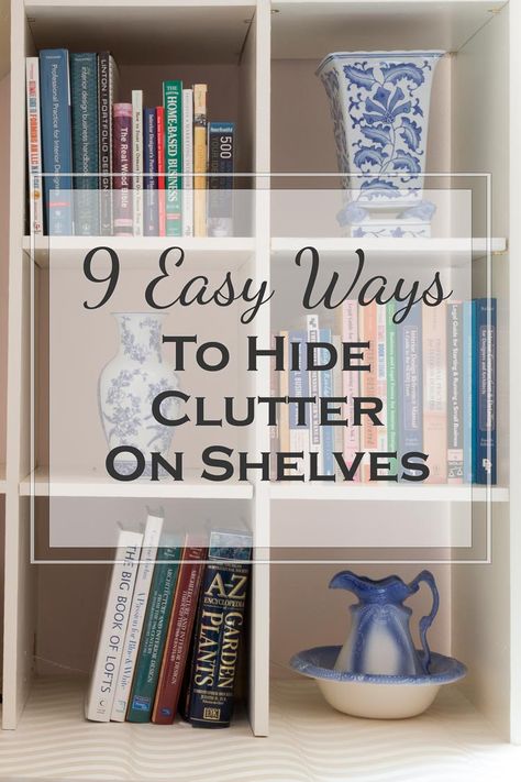 9 Easy Ways To Hide Clutter On Shelves | Looking for some ways to keep your bookshelves looking neat, but still need the storage? Click here to find easy ways to hide clutter on shelves. Office Design Diy, Hide Clutter, Hiding Ugly, Hidden Book, Shelf Cover, Hidden Shelf, Open Bookshelves, Bookshelf Storage, Open Bookcase