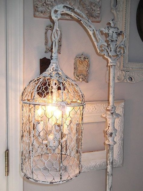 Bird Cage Light, Shabby Chic Floor Lamp, Floor Lamp Vintage, Birdcage Chandelier, Shabby Chic Chandelier, Chic Chandelier, Cage Chandelier, Chic Lamp, Shabby Chic Lamps