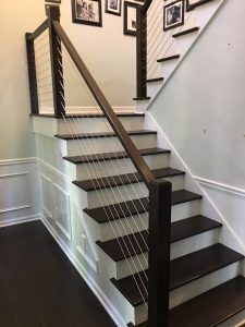 Wood Stairs With Cable Railing, Modern Cable Railing, Wood And Metal Stair Railing Modern, Cable Handrails For Stairs, Cable Stair Railing Interior, Wire Railings For Stairs, Interior Cable Stair Railing Ideas, Cable Railing Stairs Interior, Cable Railing Interior Staircases