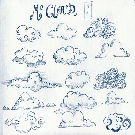 Whimsical Clouds Painting, Clouds Journal Ideas, How To Draw Clouds Easy, Puffy Clouds Drawing, Clouds Simple Drawing, Clouds How To Draw, Clouds Reference Drawing, How To Sketch Clouds, Cloud Cute Drawing