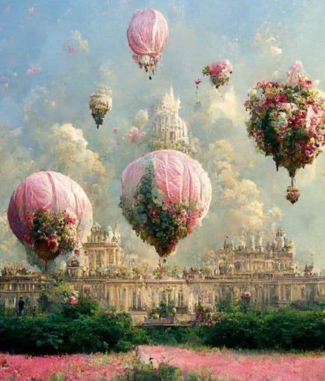 Retro Printables, Art Et Illustration, Hot Air Balloons, Fantasy Art Landscapes, Air Balloons, Dreamy Art, 판타지 아트, Alam Yang Indah, Beautiful Fantasy Art