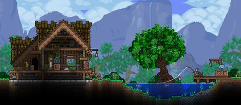 Terraria Fishing Pond, Terraria Fishing House, Terraria Cabin, Terraria Base, Terraria Houses, Terraria Design, Terrarium Base, Terraria House Ideas, Terraria House Design