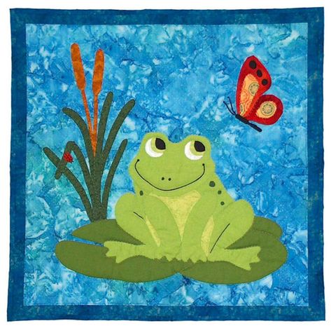 Francois Frog Quilt Pattern SCN-2031 (advanced beginner, wall hanging) Frog Applique Pattern, Frog Quilt, Frog Applique, Quilted Wall Hangings Patterns, Baby Applique, Frog Crafts, Cottage Quilt, The Ladybug, Butterfly Quilt