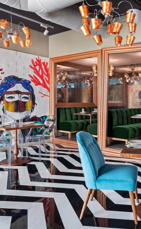 Colour waves, striking art and enticing design speaks incredible volumes at Falla Restaurant in Jumeirah, Dubai. Peg Wall, Interior Design Dubai, Maximalist Design, Bar Interior Design, Cartoon Series, Banquette Seating, Maximalist Decor, Bar Interior, Color Wave