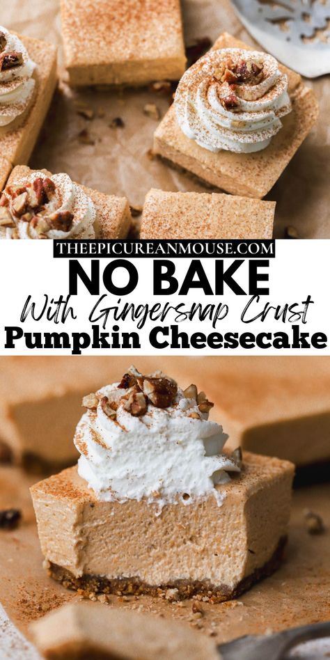 No bake pumpkin cheesecake bars are a cross between good ol' pumpkin pie and tangy cheesecake. With a buttery gingersnap crust and mousse-like filling, these bars are the perfect treat to make this fall season. No Bake Pumpkin Cheesecake Bars, Pumpkin Easy, No Bake Pumpkin, Bake Pumpkin, Pumpkin Cheesecake Bars, No Bake Pumpkin Cheesecake, Gingersnap Crust, Fall Desserts Easy, Homemade Pumpkin Puree