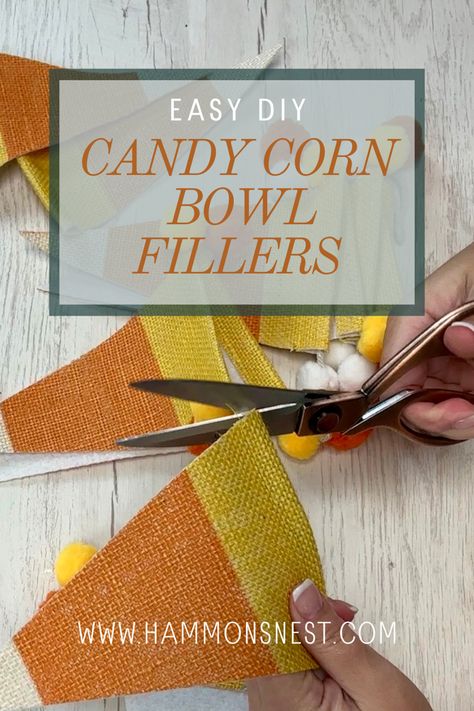 Candy Corn Candles Diy, Halloween Bowl Fillers Diy, Dollar Tree Candy Corn Crafts, Dollar Tree Candy Corn Garland, Stacked Fabric Pumpkins, Candy Corn Bowl Fillers, Pumpkin Bowl Fillers, Candy Corn Crafts Diy, Bowl Fillers Diy