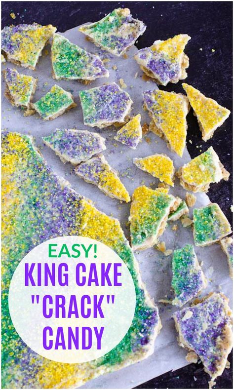 King Cake Cracker Candy, King Cake Party Ideas, Mardi Gras Dessert Ideas, Mardi Gras Treats Desserts, Mardi Gras Crockpot Recipes, Mardi Gras Dip Recipes, Mardi Gras Diy Decor, Marti Gras Food Recipes, Mardi Gras Cookie Cake