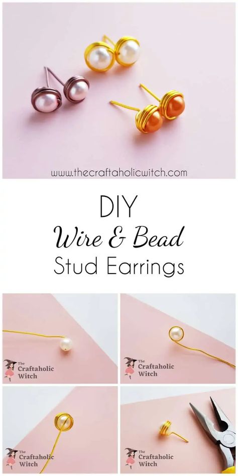 Complete stud earrings making tutorial. Learn how to make beautiful  stud earrings with just wire and beads Wire Stud Earrings Diy, Easy Earrings Diy Simple Wire Jewelry, Stud Wire Earrings, Wire Wrap Stud Earrings, How To Make Simple Earrings, How To Make Stud Earrings Diy, Homemade Earrings Ideas How To Make, Making Stud Earrings, Wire Wrapped Stud Earrings