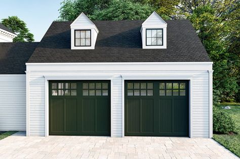 Choosing the perfect garage door style for your home can make the world of difference. We’re certainly feeling green with envy after gazing upon these gorgeous carriage garage doors that suit this home’s exterior splendidly. Garage Doors Traditional House, Garage Door Farmhouse Style, Colonial Garage Doors, Traditional Garage Doors, Green Garage Doors, Green Garage Door, Shutter Inspiration, Stone Garage, House Interior Makeover