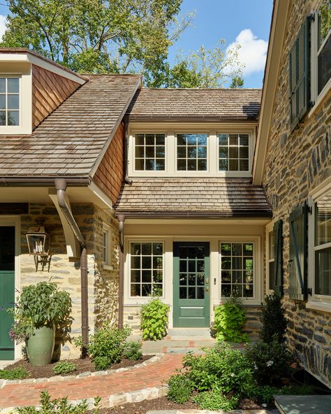 Fallowfield Cottage - Archer & Buchanan Architecture European Cottage Exterior, Stone Exterior Houses, Cedar Shingle Roof, European Cottage, New Garage, Contrast Lighting, Cottage Exterior, Cedar Shingles, Spiral Stairs