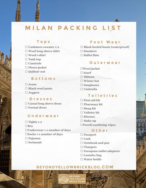 This printable Milan packing list is perfect for female travelers headed to Milan or northern Italy in November or early winter. I used a capsule wardrobe to create outfits that were stylish, functional, and comfortable to navigate Milan's November weather. Packing For Italy In November, Packing List Italy, What To Wear In Milan, Milan Italy Outfit, Italy In November, November Weather, Italy In September, December Aesthetic, Italy October