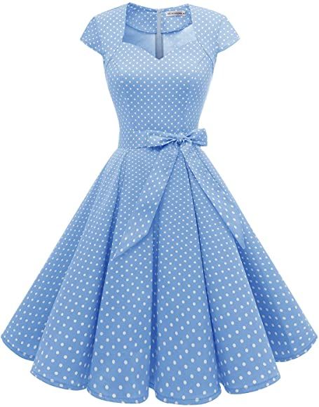 MuaDress Ladies' Vintage, 50s’, Rockabilly, Retro Dress, Elegant Pleated Skirt with Cap Sleeves - Light Blue Small White Dots, size: l: Amazon.de: Bekleidung Poka Dot Dress, Chic Dress Classy, Funky Dresses, Classy Outfits For Women, Pleated Skirt Dress, Frock Patterns, Designer Kurti Patterns, Women Dresses Classy, Classy Dress Outfits