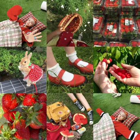 #jaemin #nct #moodboard #red #green Strawberry Moodboard, Red Theme Aesthetic, Green Unfiltered Theme, Moodboard Red, Strawberry Theme, Rp Ideas, Theme Nature, Summer Icon, Soft Wallpaper