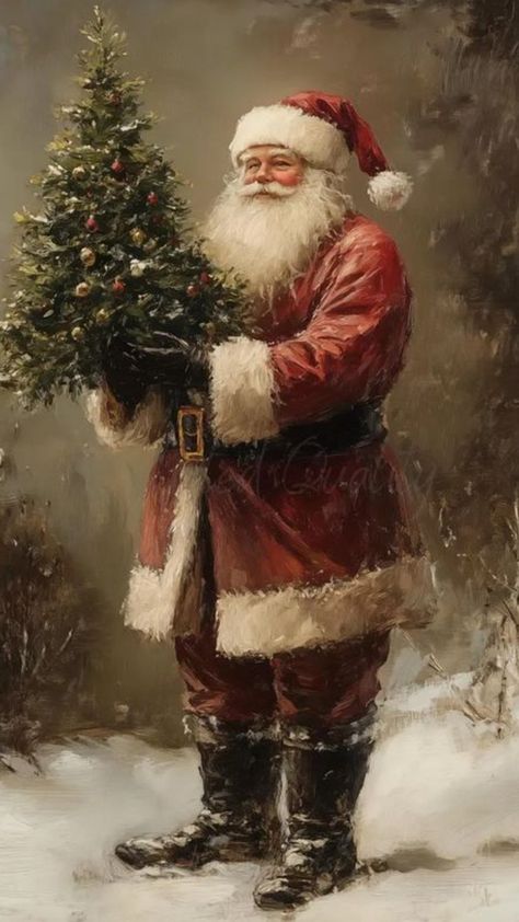 Antique Santa Pictures, Old Timey Christmas Aesthetic, Old Christmas Paintings, Vintage Santa Painting, Vintage Christmas Tree Images, Christmas Vintage Art, Vintage Christmas Art Prints, Vintage Christmas Tree Illustration, Vintage Santa Christmas Tree