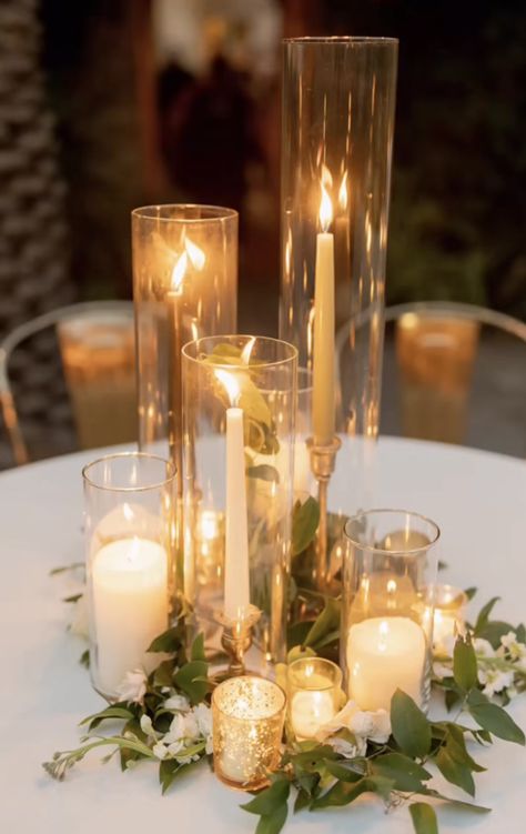 Wedding Table Decorations Simple Greenery, Candles In Wedding Table, Under Table Lighting Wedding, Reception Table With Candles, Candle Reception Table Decor, Candles In Votives Wedding, Long Wedding Table Decorations Candles, Candles And Flowers Centerpieces Long Table, Wedding Reception Ideas Candles