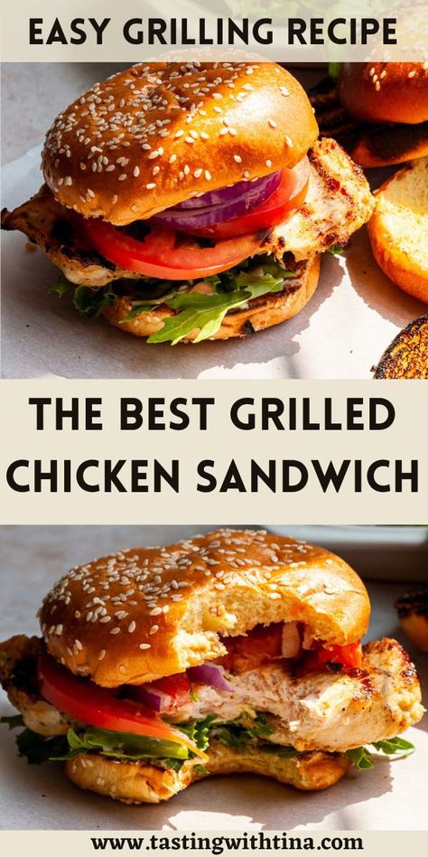 This Grilled Chicken Sandwich Recipe is truly the best ever! With a delicious marinade, brioche buns, tomato slices, red onion, lettuce, and mayo, you'll make these delicious sandwiches again and again. Oven Baked Chicken Sandwich Recipes, Chicken Sandwich Recipes Grilled, Best Chicken Sandwich Recipes, Chicken Thigh Sandwich Recipes, Recipes With Grilled Chicken, Chicken Sandwiches Recipes, Chicken Thigh Sandwich, Best Grilled Chicken Sandwich, Chicken Sandwich Ideas