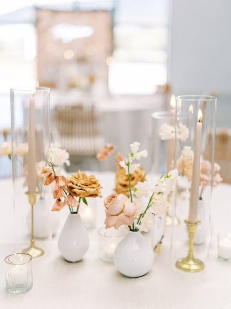 Modern Bud Vase Centerpiece Wedding, Three Bud Vase Centerpiece, Bud Vases And Gold Candlesticks, Peach Bud Vases Wedding, Bud Vase With Candles, Bud Vases Decor, Dusty Rose Bud Vases Wedding, Bid Vase Centerpieces, Candle Sticks And Bud Vases