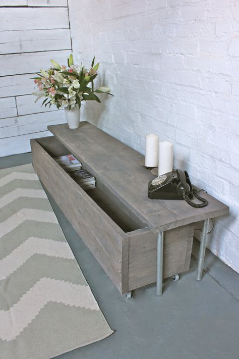 Reclaimed Grey Washed Scaffolding Board Long Low Bench with Wheel Out Drawer Unit Below- Its salvaged vintage industrial design works perfectly in a sophisticated, casual living space.  This TV Bench / Console Long Low Table / Display Table can be made to measure to your own specifications. The bench pictured here is 2000mm wide x 450mm tall x 400mm deep... and the drawer unit is 1800mm wide x 378mm tall x 400mm deep... but the skys the limit... ... The scaffolding boards pictured i... Entrance Ideas Entryway, Vstupná Hala, Koti Diy, Apartment Entrance, Entryway Shoe Storage, Hemma Diy, Entryway Shoe, Diy Casa, Urban Furniture